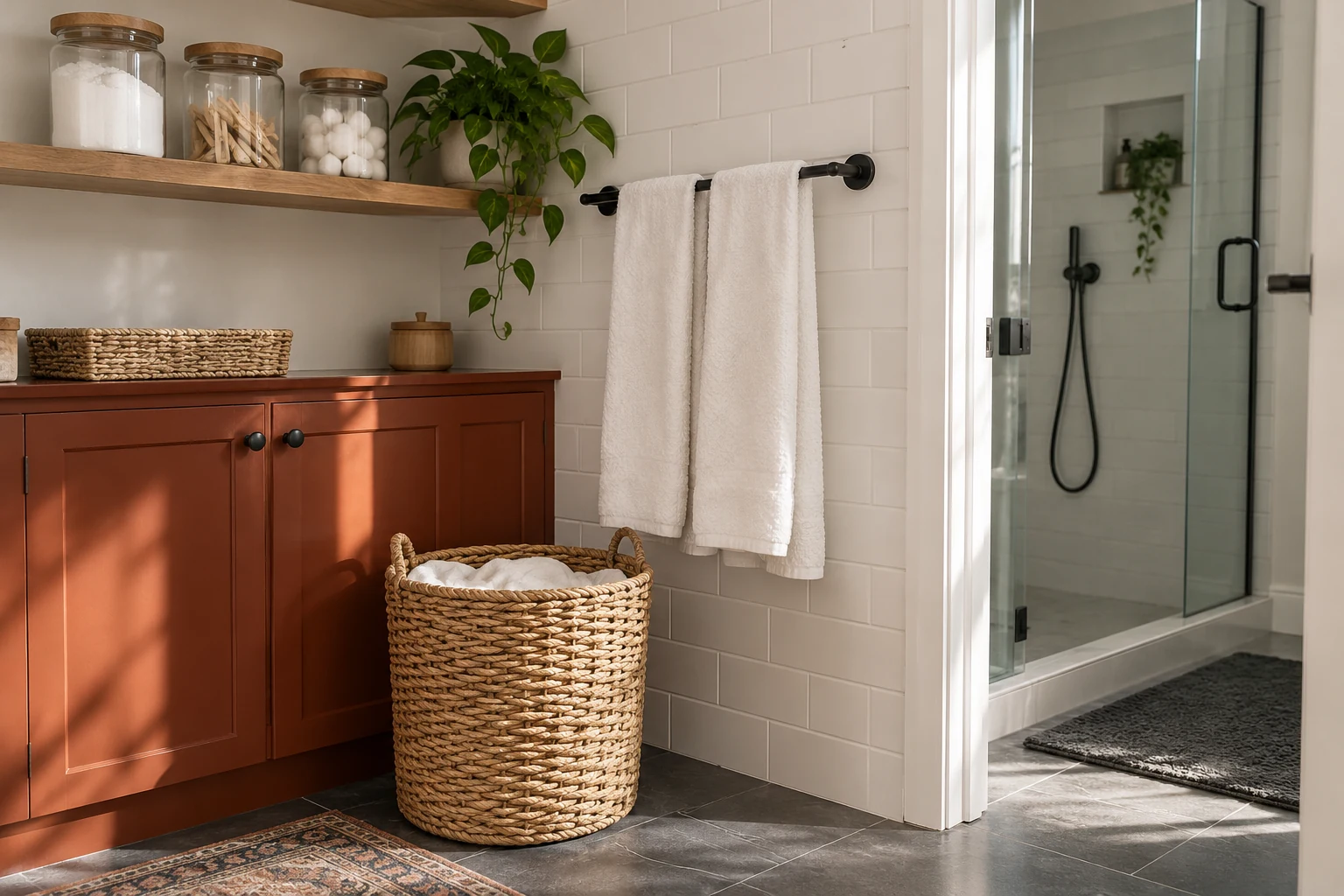 A practical bath and laundry corner with terracotta cabinetry, towel storage and woven baskets